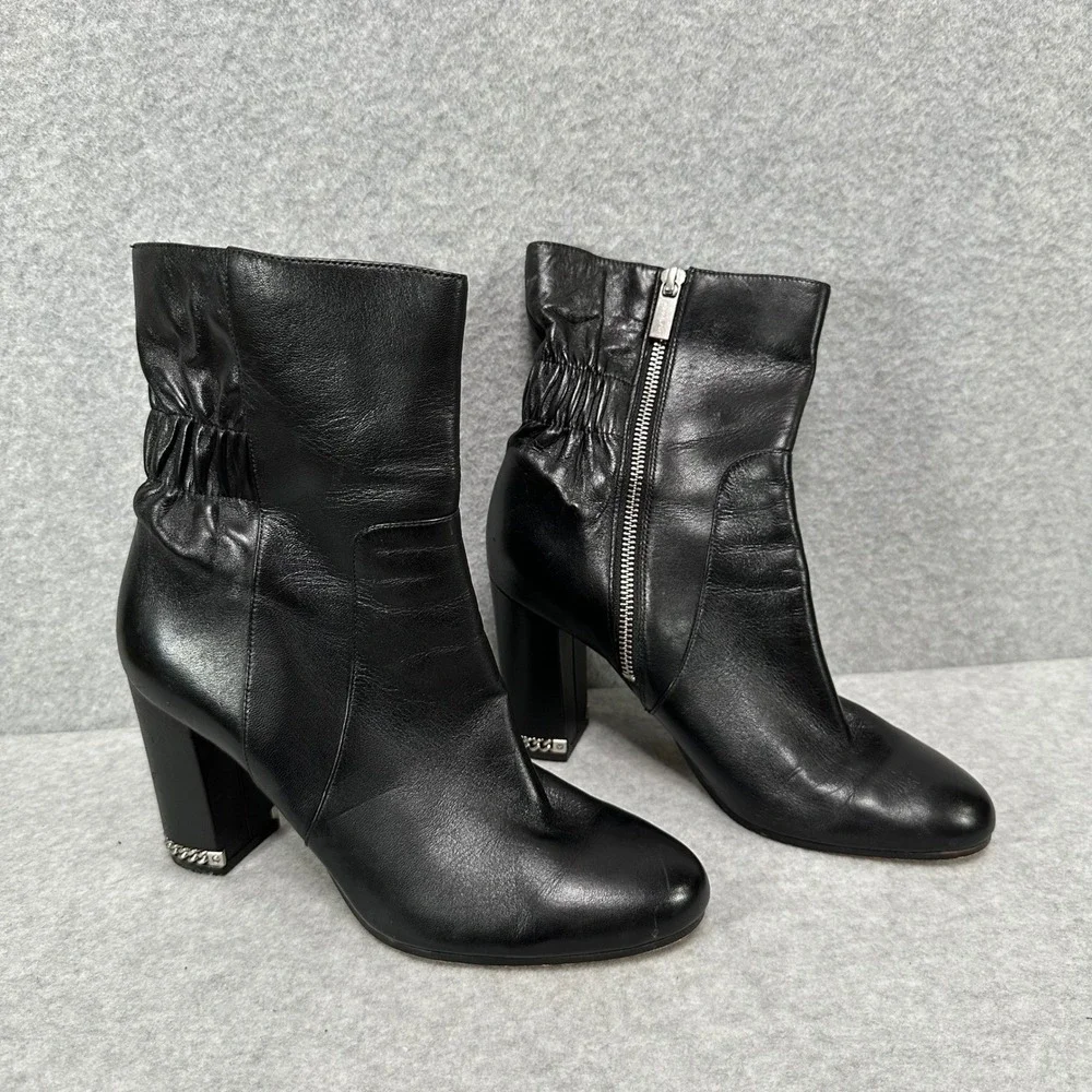 Michael Kors Black Leather Ruched Ankle Boots Chain Block Heel Womens 8.5M